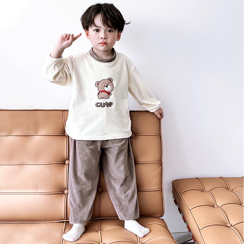 Kids' Wool Plush Pajamas Set - Warm Autumn/Winter Coral Fleece Sleepwear for Boys and Girls