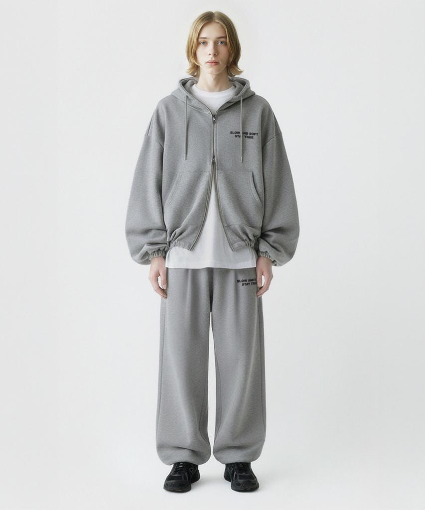 Prinoar [Set] Slow And Soft String Oversized Two-Way Zip-Up Hoodie + One-Pleat String Pants - Melange
