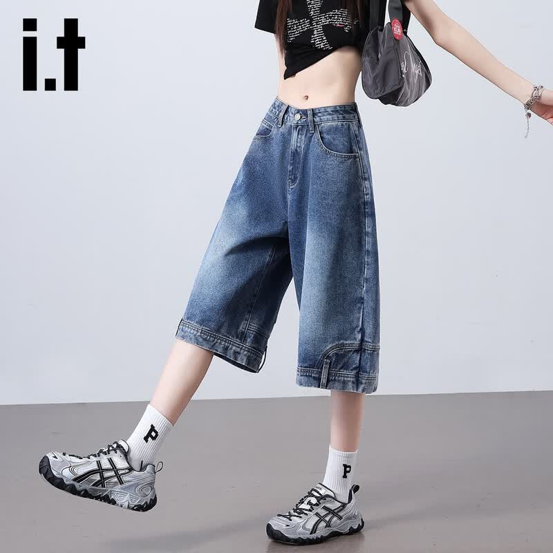 Izzueit Women s Retro High-Waist Wide-Leg Denim Shorts M