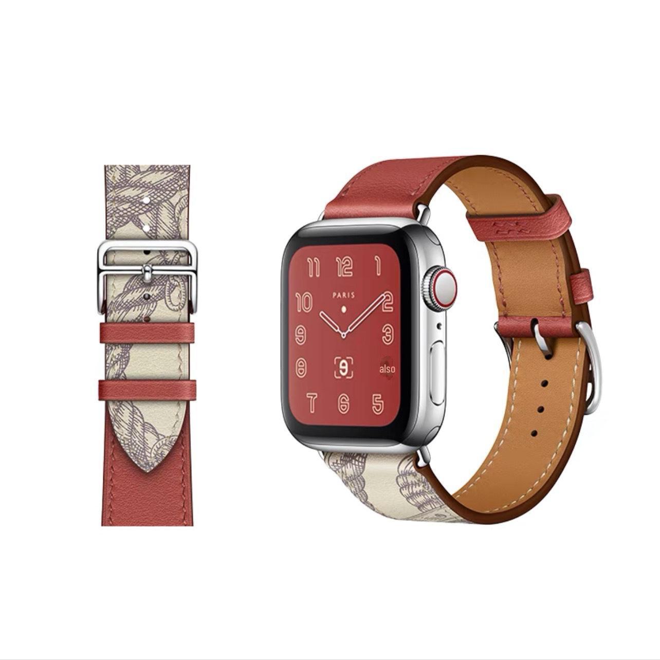 

Совместимый кожаный ремешок Hermes Style для Apple Watch 8/7/6/5/4/SE - контрастный цвет с крестообразным узором 38mm/40mm/41mm