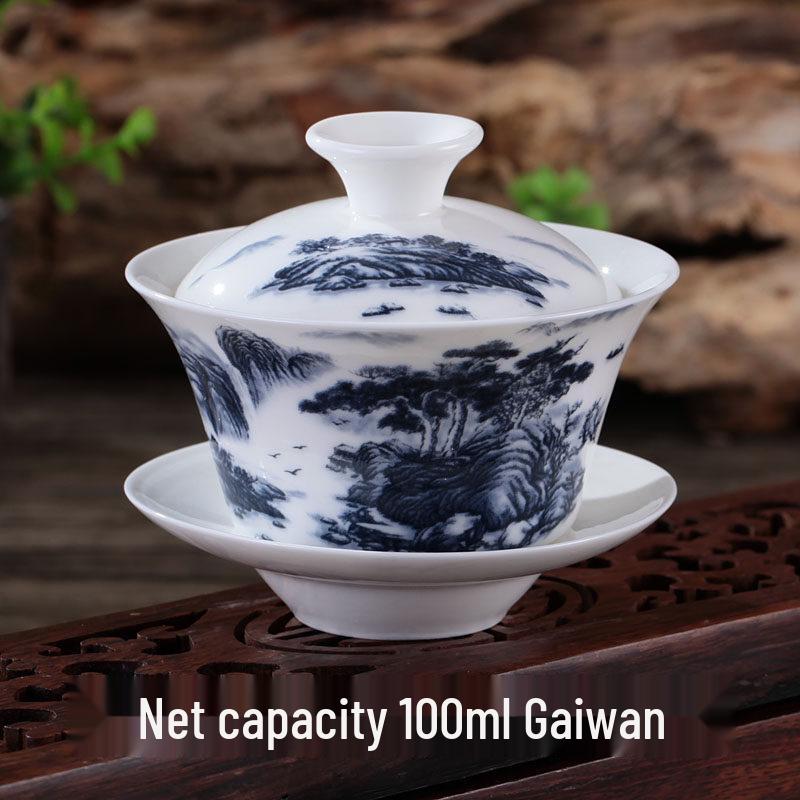 Blue and White Ceramic Gaiwan Tea Set with Lid: 100ml Tea Brewing and Tasting Cup Perching Egrets 100ml