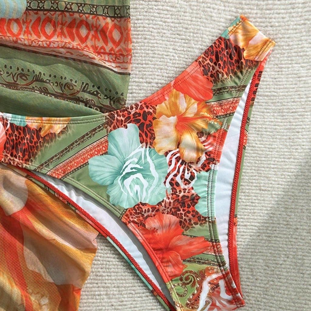 New European And American Apron Three-Piece Bikini Flower Print Lace-Up Swimsuit Women'S Swimsuit
