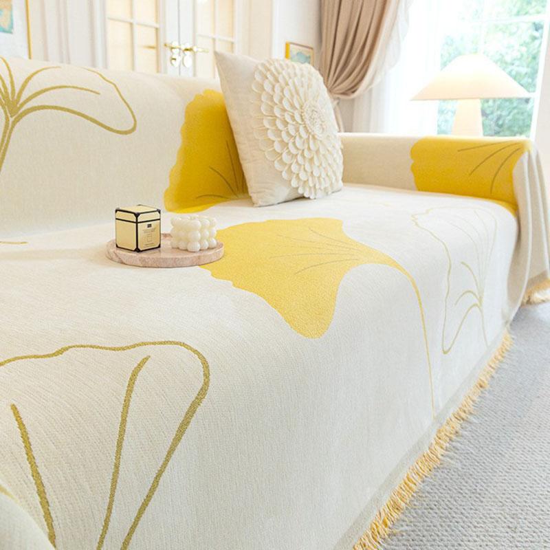 Pastoral Gingko Leaf Printed Tassel Sofa Towel All-Inclusive Sofa Cover for Four Seasons Dust-Proof Couch Slipcover for Home