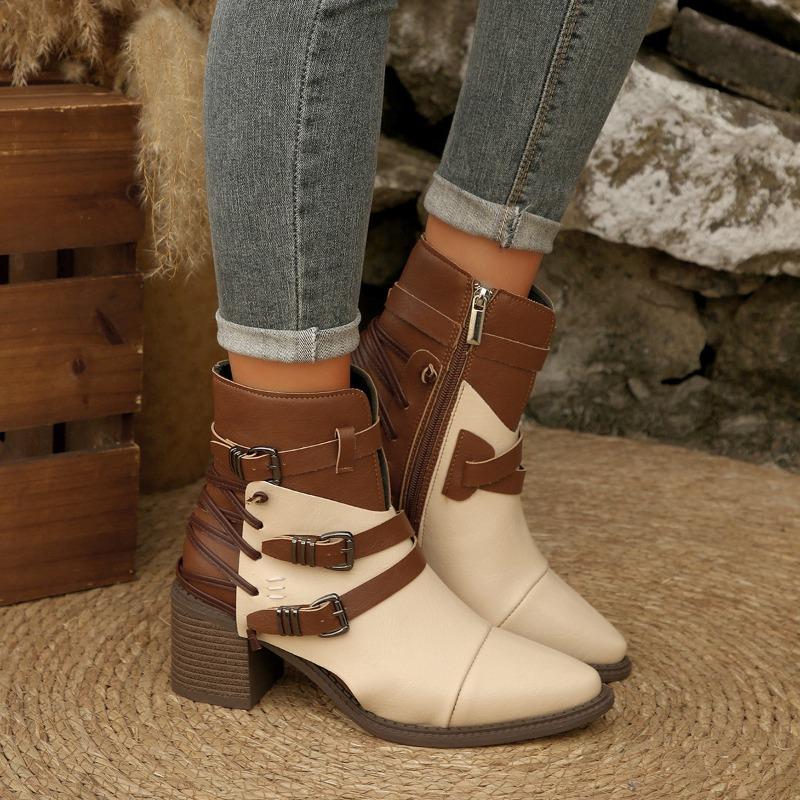 

Wind Large Size Belt Buckle Short Fashion Boots Women s Side Zipper British Coarse Heel Pointed 43 бежевый
