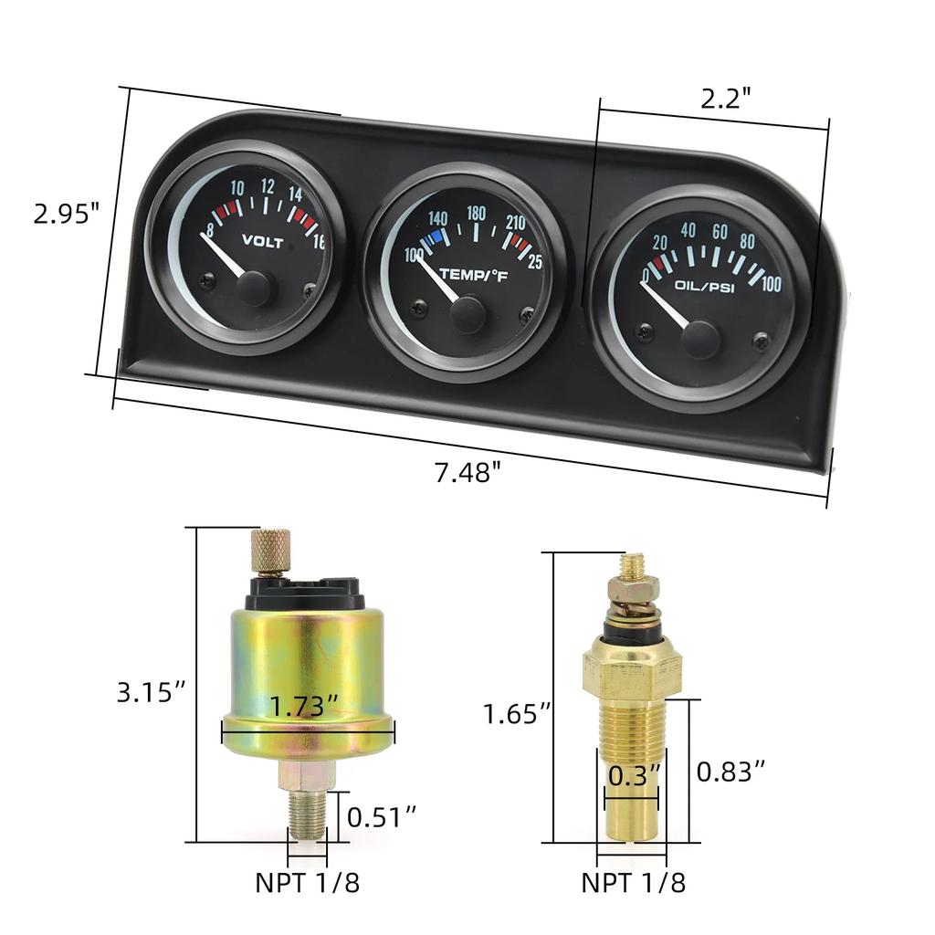 2'' 52mm 3 in 1 LED Back-lit Gauges Voltmeter Water  Oil Pressure Oil temperature Electrical Gauge 3 in 1 Kit Meter
