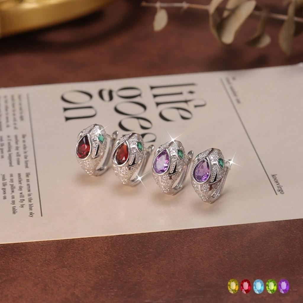 S925 Silver Snake Earrings with Natural Crystal/Topaz/Peridot/Garnet, Luxury Jewelry for Women