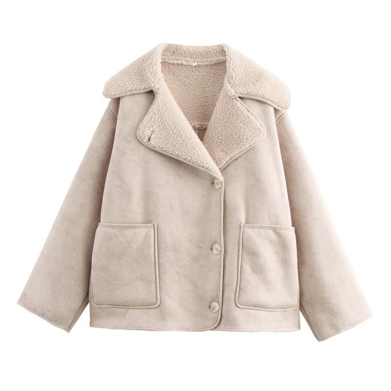 Womens Faux Leather Fleece-Lined Double-Sided Collar Long Sleeve Jacket Winter Casual Outerwear