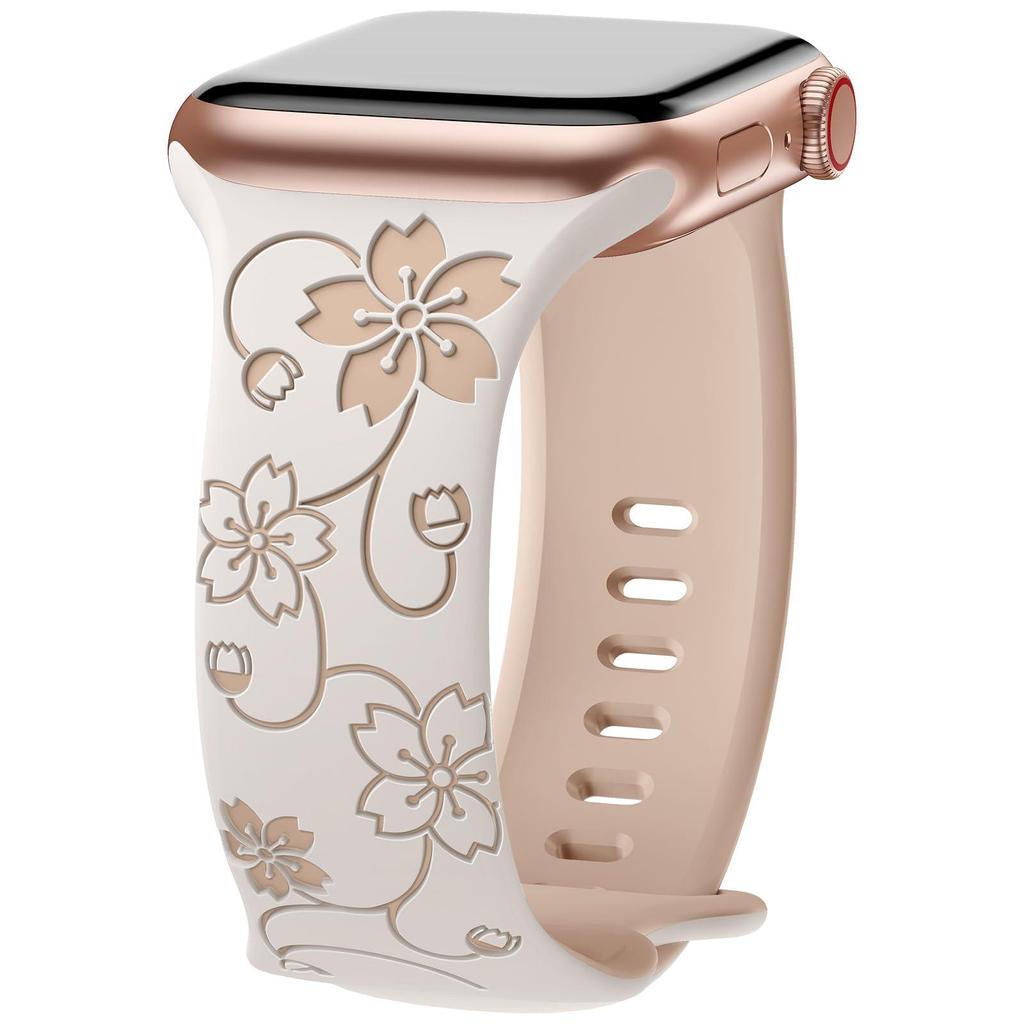 Compatible with Apple Watch: Laser Engraved Two-Color Floral Butterfly Silicone Strap with 3D Design
