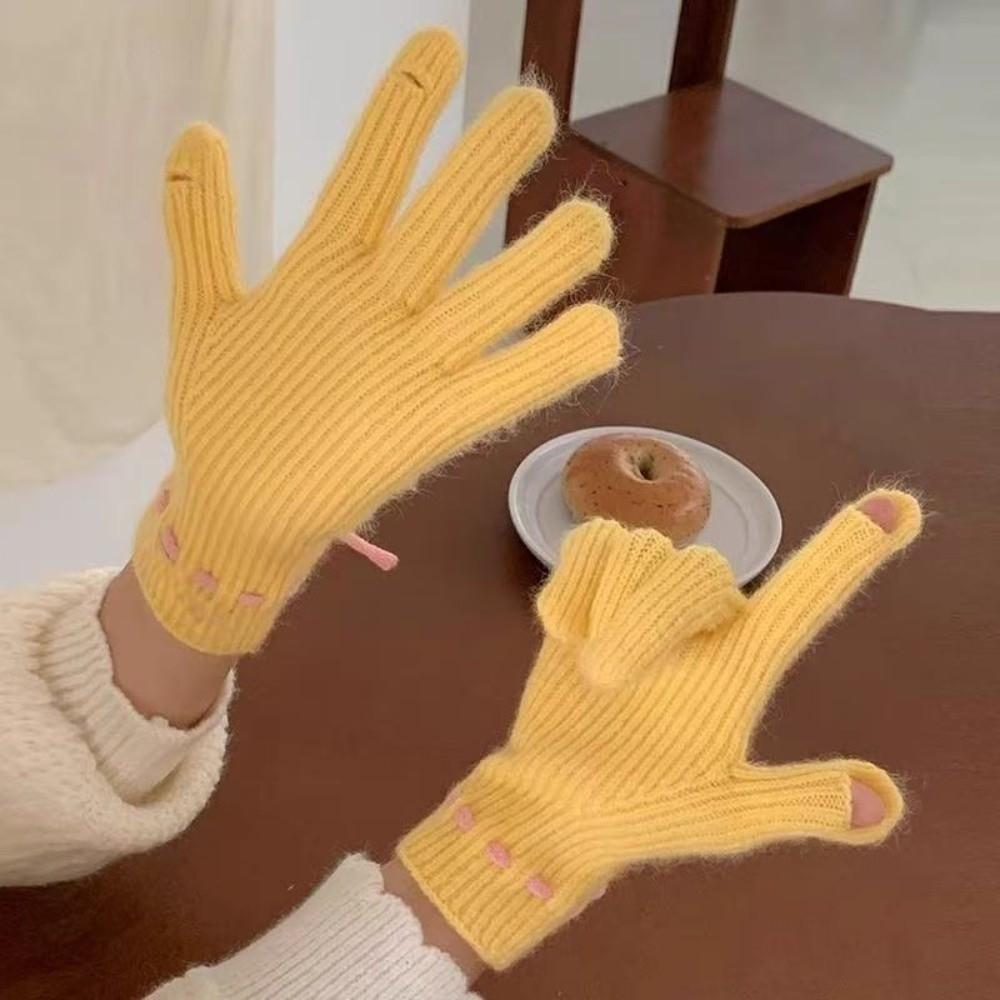 Solid Color Touch Screen Gloves Knitted Texture Thermal Riding Gloves Winter Season