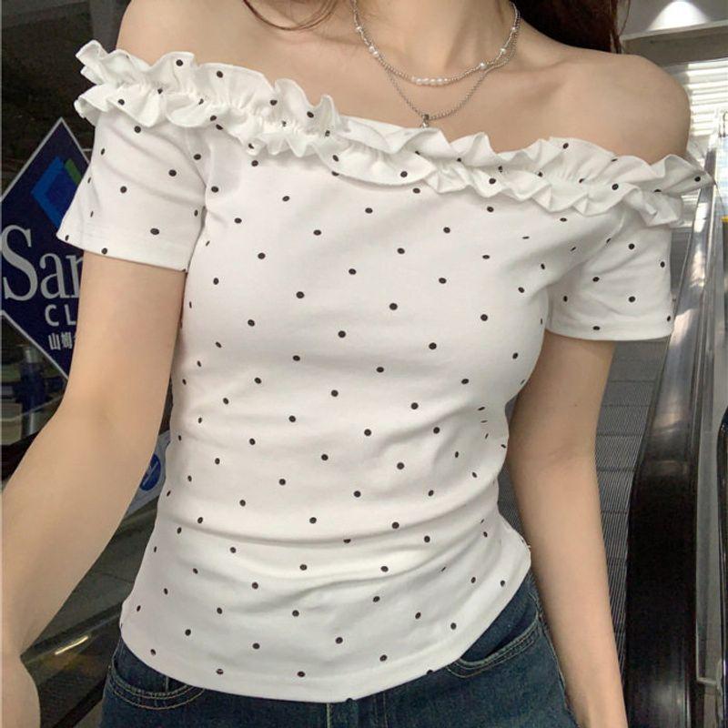 

Summer New Style Pure Desire Design Ruffled Polka Dot Short-Sleeve T-Shirt for Women, Off-Shoulder Niche Slim-Fit Flattering Top White S [Excellent Quality]
