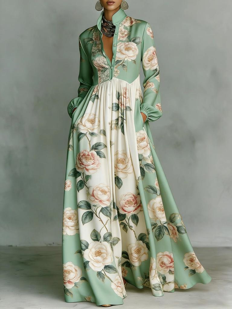 Cross-border European and American French Waist Slim Long-sleeved Printed Dress Elegant Retro Casual Dress Resort Style Women's Clothing
