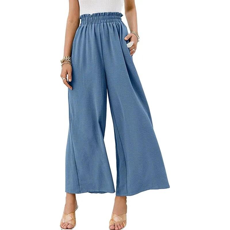 Primavera Estate Cotone e Canapa Abbigliamento da Donna Tinta Unita Vita Alta Ampi Casual Pantaloni a Gamba Larga per Donna Tinta Unita