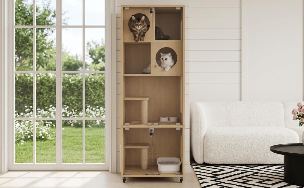 Cat Villa, Cat Enclosure, Cat Furniture, Large Chinchilla Cage, Glass Cat House with Wheels, with Key, with Cat Flap, Natural Wood Color, 60x50x156cm