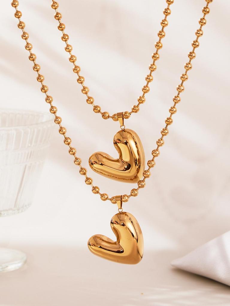 Oumayka 18K Gold-Plated Stainless Steel Heart & Round Bead Necklace