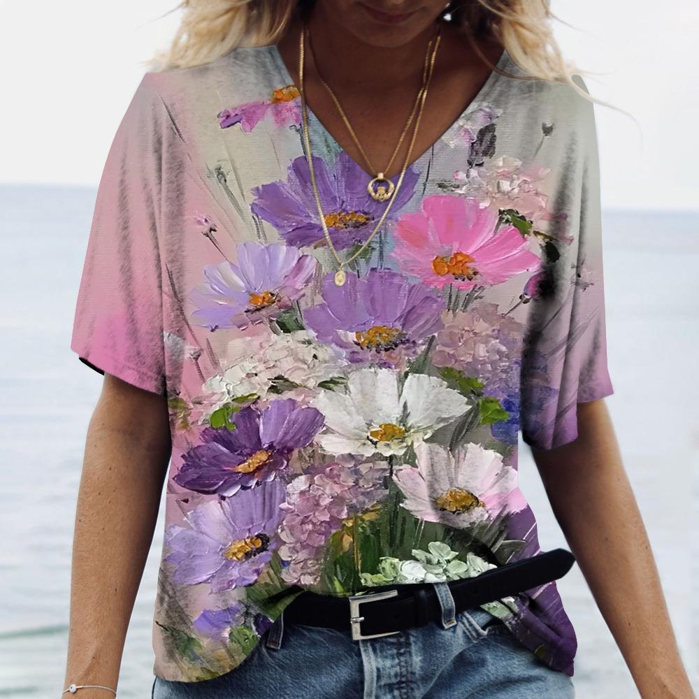 Summer New Women's T-shirt 3D Elegant Atmosphere V-neck Short Sleeve Shirt Fashion