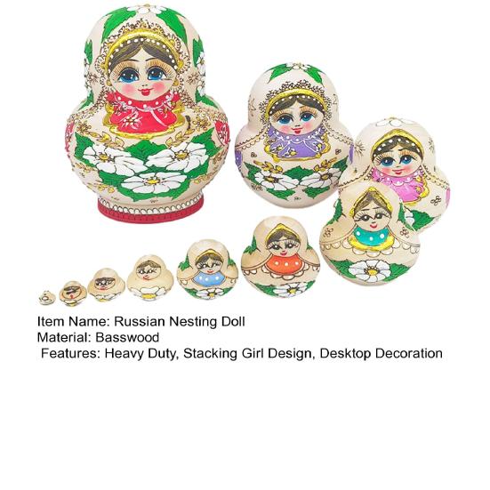 10Pcs/Set Vintage Russian Nesting Doll Handmade Wooden Matryoshka Doll 10 Layers Girl Stacking Toy Home Office Desktop Decoration Ornament