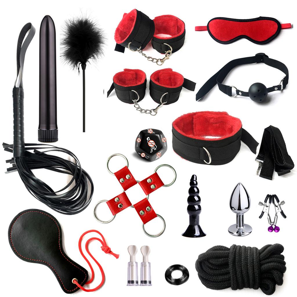 SM Fetish Bondage Erotic Toy Restraint Set Sex Toys For Women Handcuffs Whip Binding Anal Plug Vibrator Couple Sexy Tool