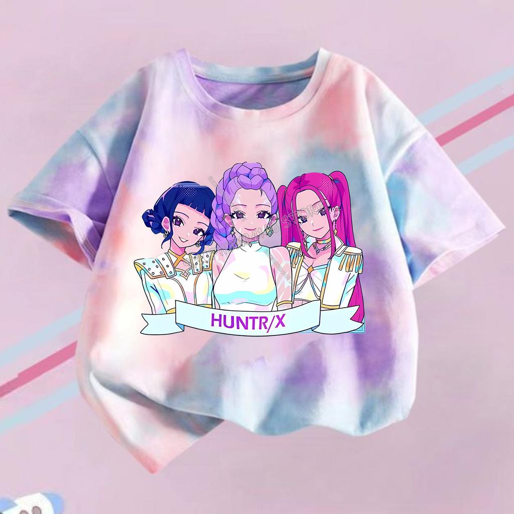 KPop Dämonenjäger T-Shirt für Kinder Lila Batik T-Shirt Top Mädchen Rundhals Kleidung Kurzarm Kinder Sommerkleidung Geschenk