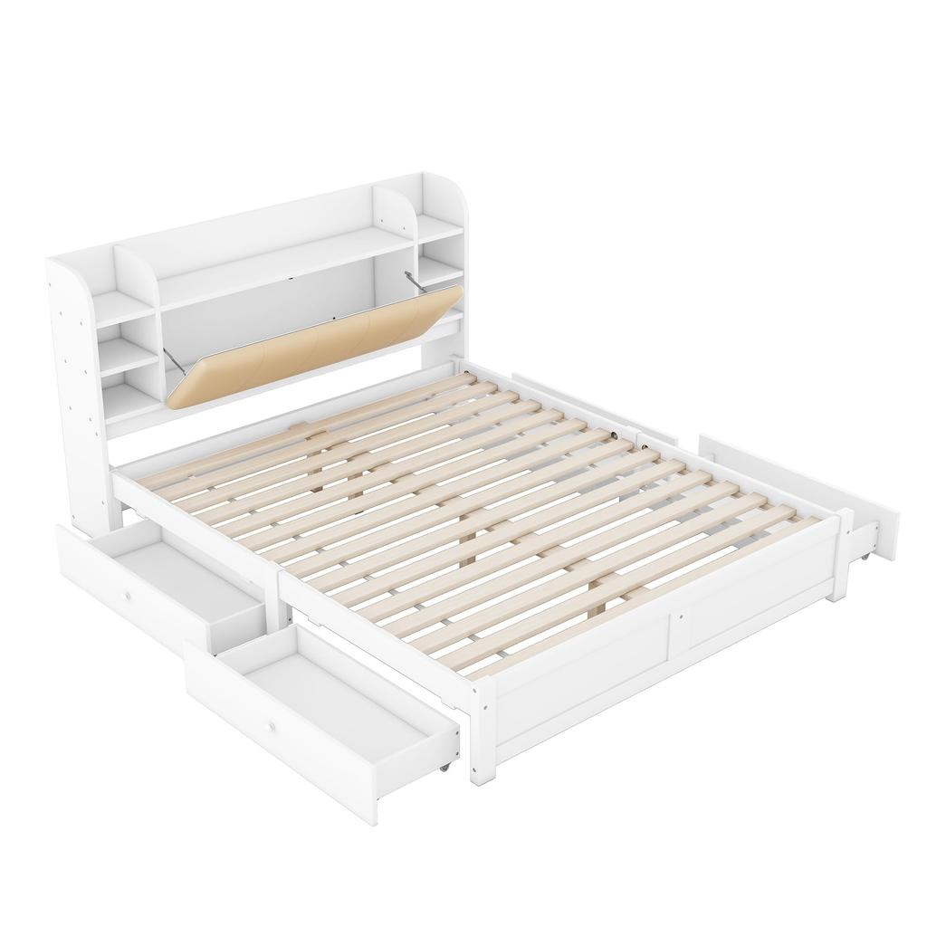 Doppelbett Holzbett 180x200cm, Stauraumbett mit 4 Schubladen und Stauraum-Kopfteil, Funktionsbett mit Lattenrost, Ohne Matratze