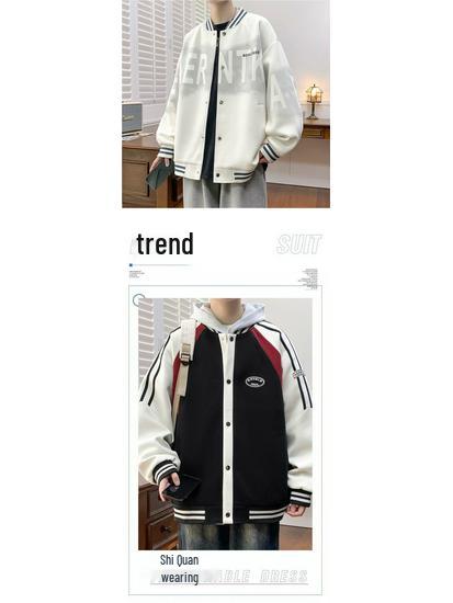 Men's Spring/Fall American Baseball Jacket: Trendy Hong Kong Style for Teens with Round Neck and Stylish Print