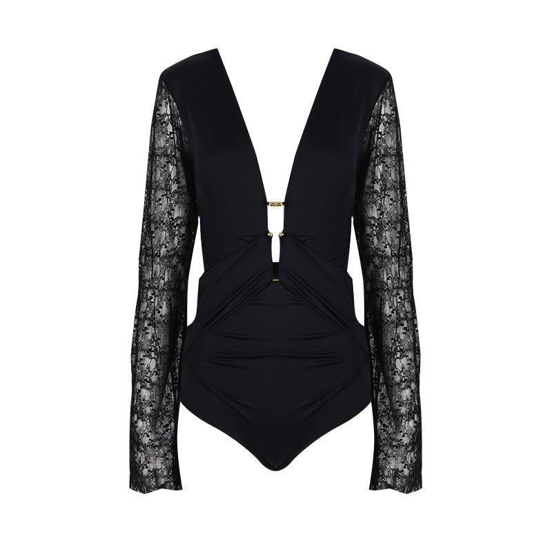 One-piece Swimsuit Female Conservative Slimming Sexy Deep V Small Chest Lace Long-sleeved Triangle Resort Hot Swimming Suit