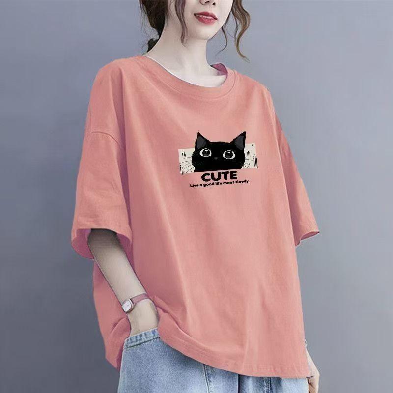Cotton Short Sleeve T-shirt Women Loose Fashion Medium Sleeve Tops Summer Vintage T-Shirt