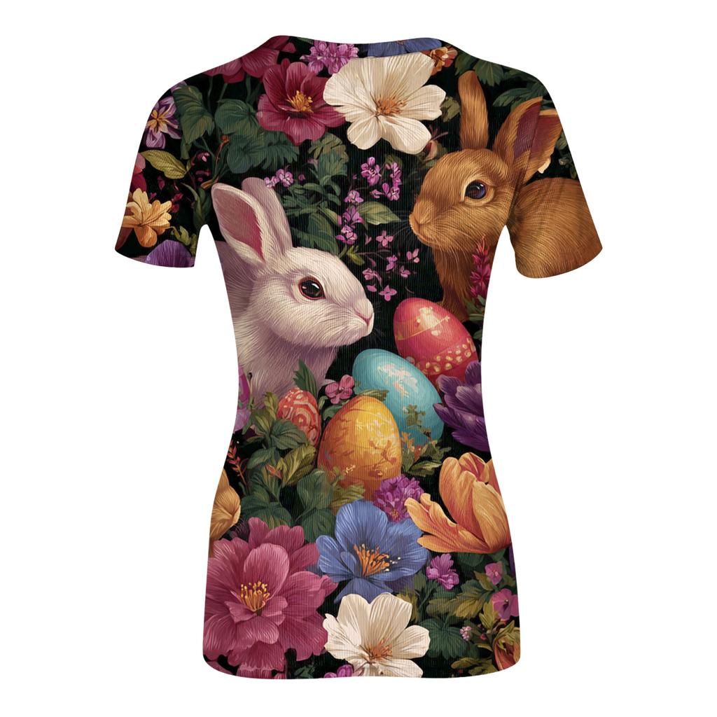 Women's Casual Fashion Round Neck Easter Print Short Sleeve Ribbed Top