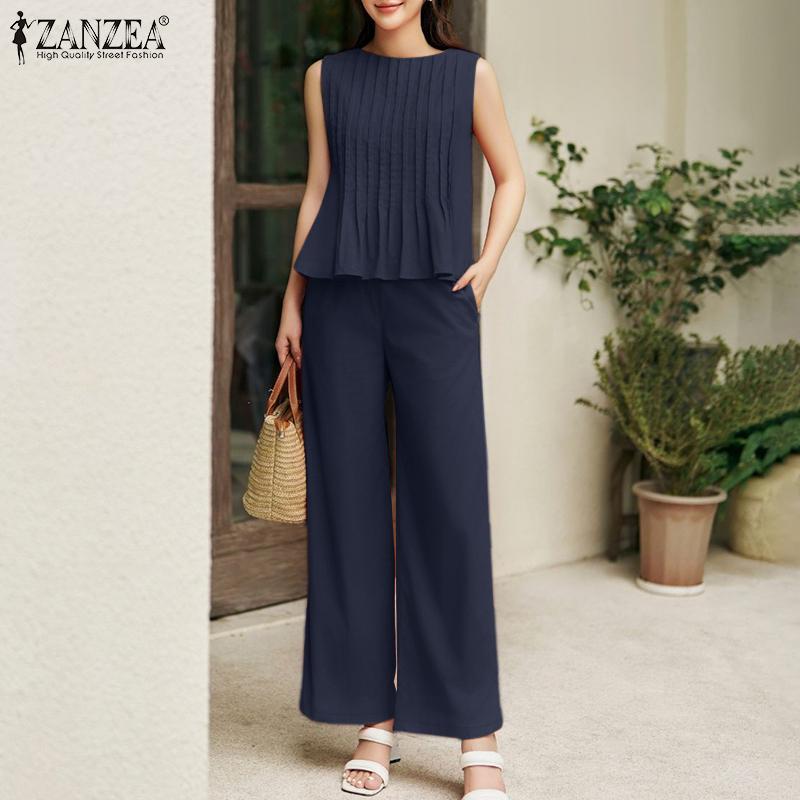 ZANZEA Damskie topy bez rękawów i spodnie casualowy dwuczęściowy zestaw letni