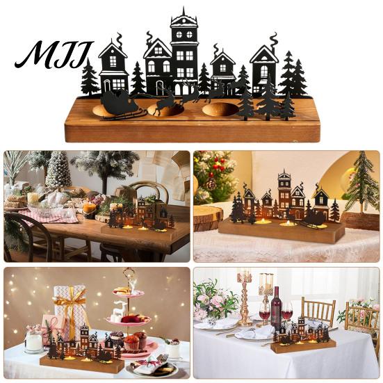 Farmhouse Candle Stand Christmas Town Silhouette Holder, Wooden Tea Light for Holiday Tabletop Decor Decoration, Metal Festive Fireplace and Home
