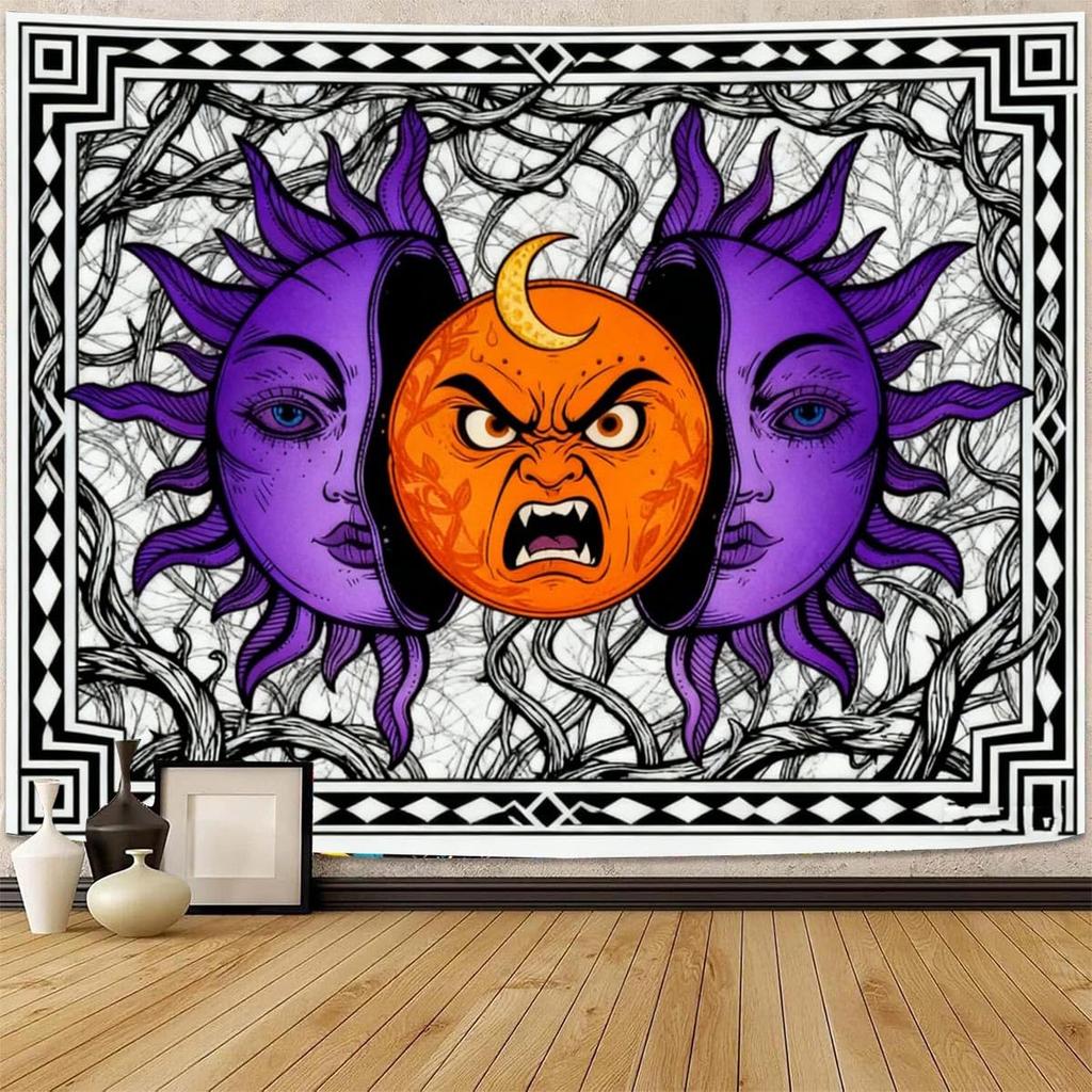 Hippe Boho Sun And Moon Tapestry, Trippy Colorful Tapestries Mystic Aesthetic Burning Sun Moon Wall Hanging Blanket For Bedroom