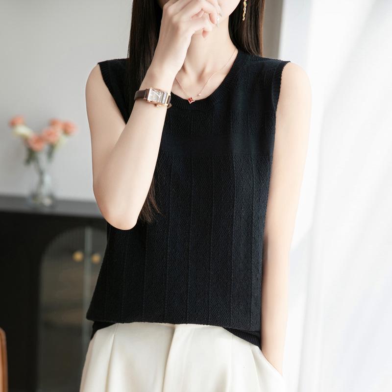 

Летняя футболка с круглым вырезом из чистого хлопка, модная жаккардовая ажурная без рукавов для женщин, универсальный тонкий топ-майка, трикотажный свитер-база XXL чёрный