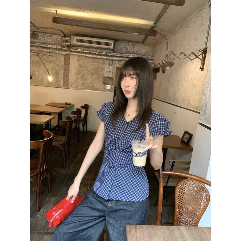 Kumikumi High Sense Retro Plaid Short sleeve Shirts Women Summer Niche Lace Edge Waist Hugging Slimming Top