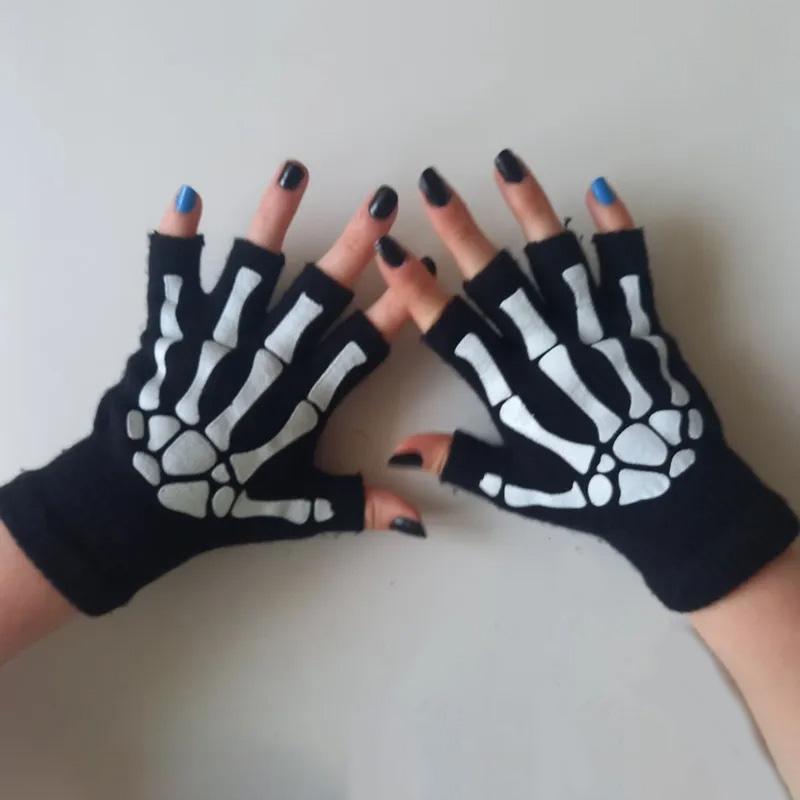 Adult Halloween Skeleton Skull Half Finger Glow In The Dark Luminous Punk Gloves Women Winter Fingerless Knitted Black Mittens