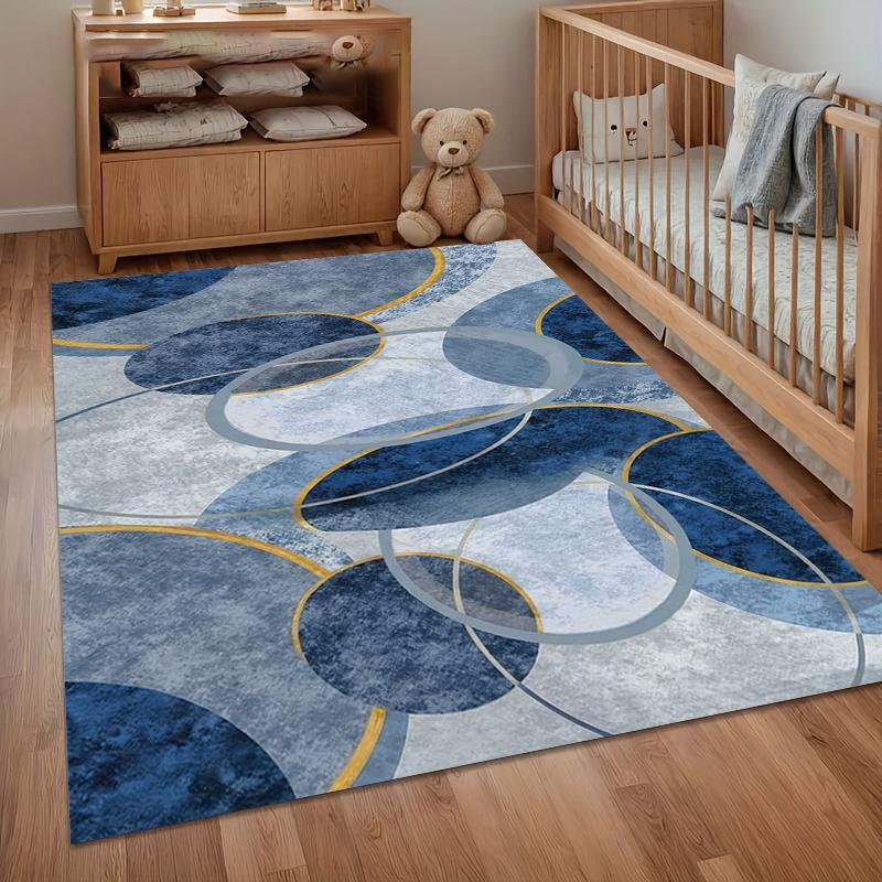 

Modern Abstract Area Rug with Interlocking Circles and Blue-Gold Accents for a Contemporary Living Room Bedroom and Home Decor 40X60cm