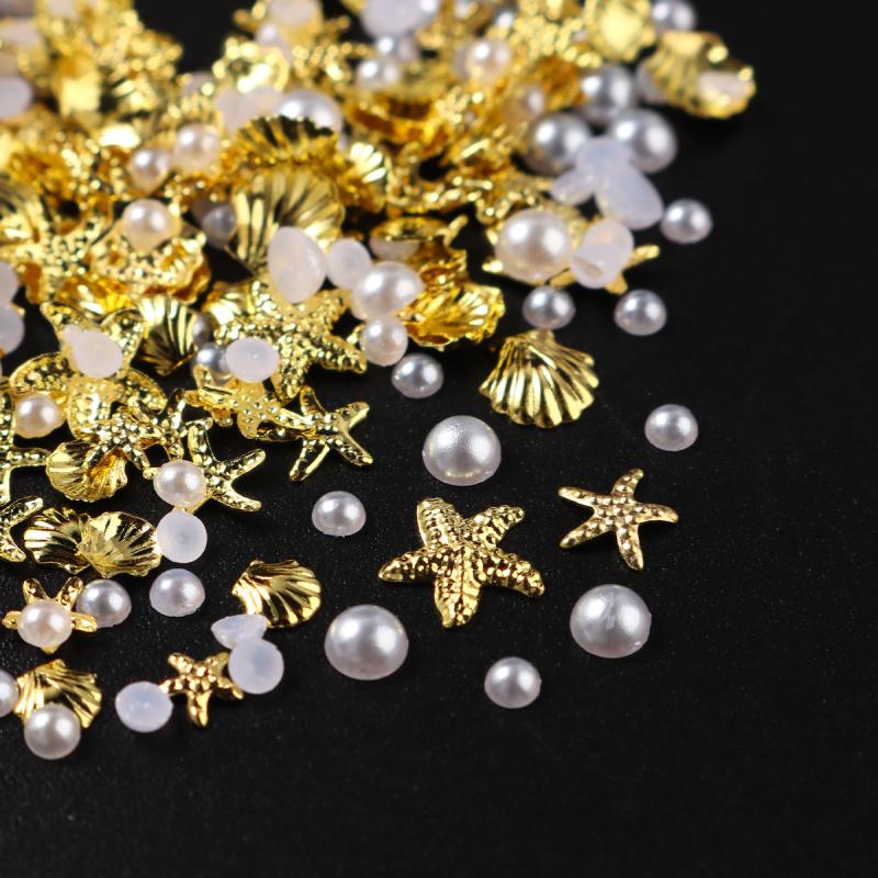 1 Bag Mixed Gold Ocean Style Nail Art Charms 3D Shell Starfish Pearl Metal Nail Jewelry Diy Nail Charm Decoration