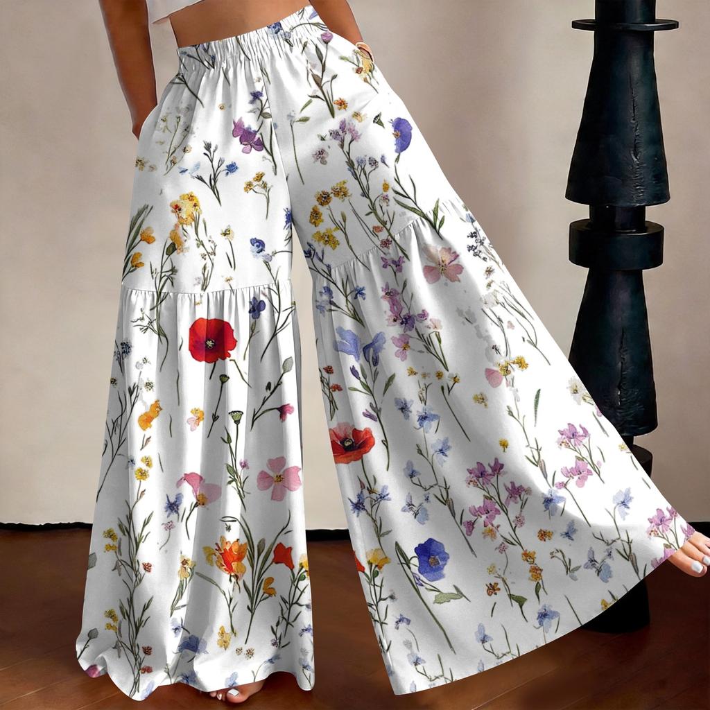 Women's High Waist Wide Leg Pants Loose Fit Lightweight Breathable Floral Print Casual Palazzo Trousers for Summer
