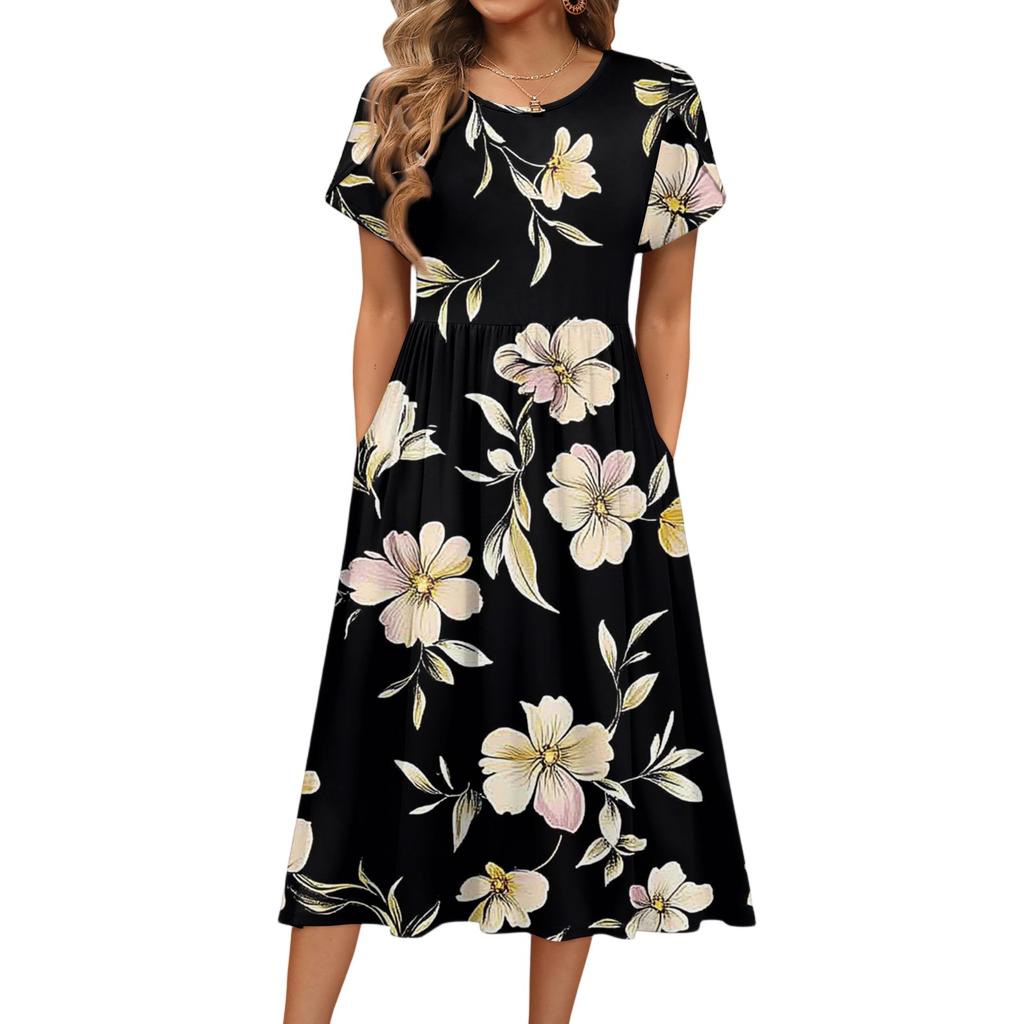 Women's Fashion Summer Round Neck Short Sleeve Floral Printed Beach Dresses