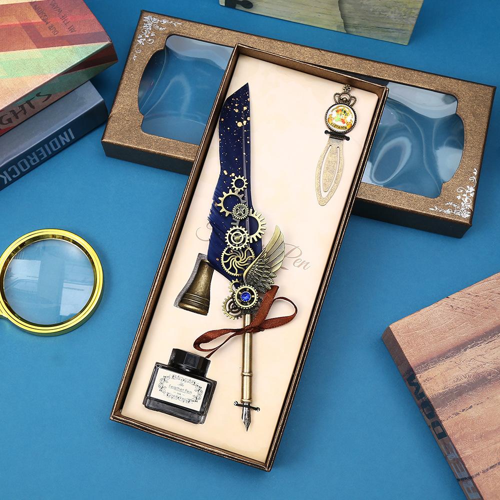 Vintage Feather Pen Mechanical Gear Feather Pen Steam Dip Pen Gift Box Teachers' Day Student Gifts