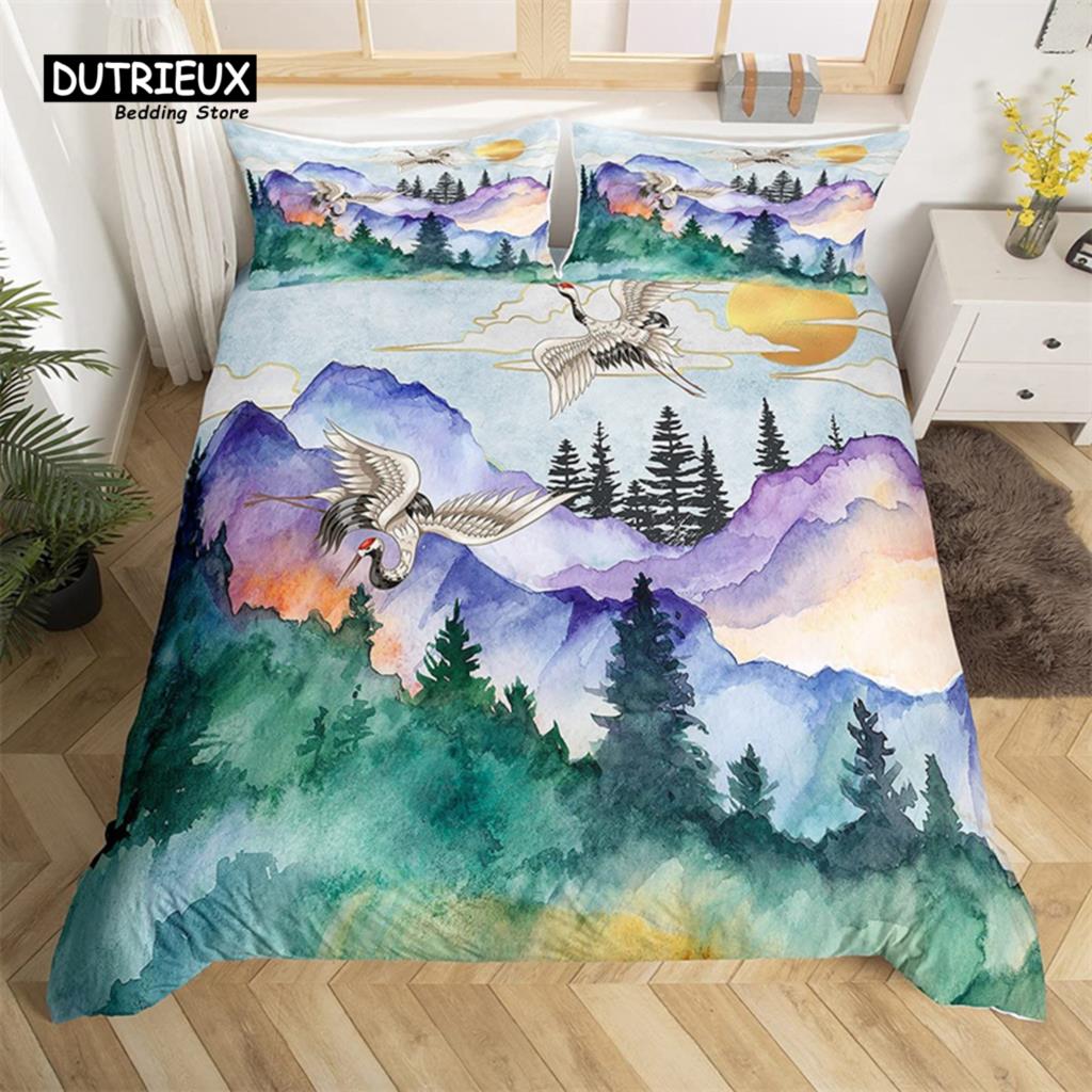 Abstract Mountain Duvet Cover Natural Scenery Art King Bedding Set For Nature Lover Gift Woodland Hiking Adventure Quilt Cover