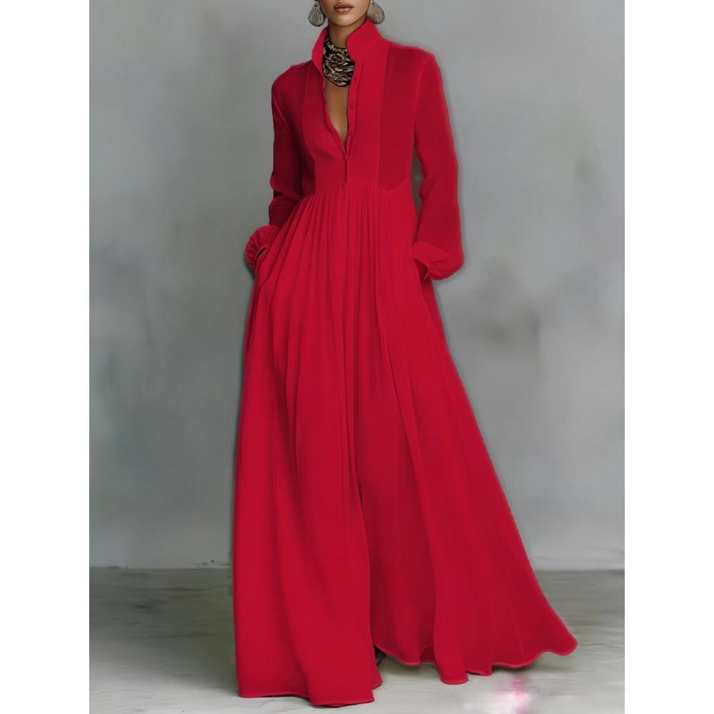 

Европейское и американское французское платье-миди с высокой талией, длинным рукавом, плиссировкой, элегантное, ретро, повседневное, для отпуска S красный