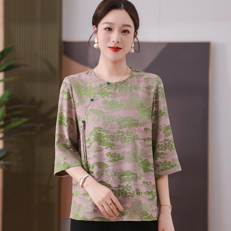 

New Summer Embroidered Women s Shirt - Seven-Sleeve, Chinese Style for Middle-Aged & Elderly 4XL (Recommended 135-150 jin) розовый