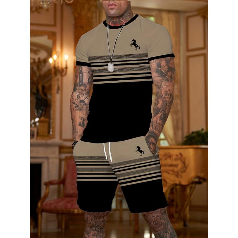 

Мужской повседневный костюм-двойка с цифровым принтом в полоску, летний узор, футболка с коротким рукавом и круглым вырезом и шорты с карманами на кулиске 6XL