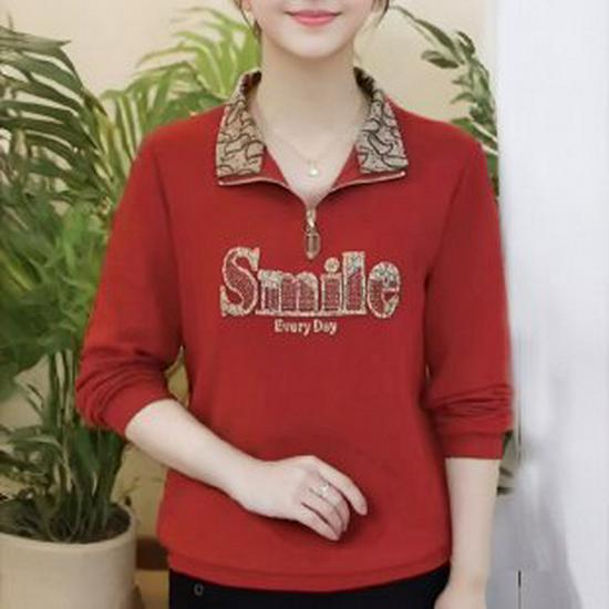 2024 Autumn Women's Letter Zipper Lapel Sweatshirt - Mom-Style Long Sleeve with Sparkling Details