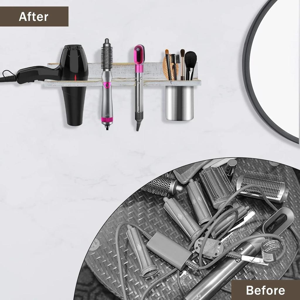 Hair Tool Organizer Wall Mounted - Wooden Dryer Holder, Blow Dryer Holder for Bathroom, Rustic Styling Tools Organizer for Flat Iron, Curling Wand