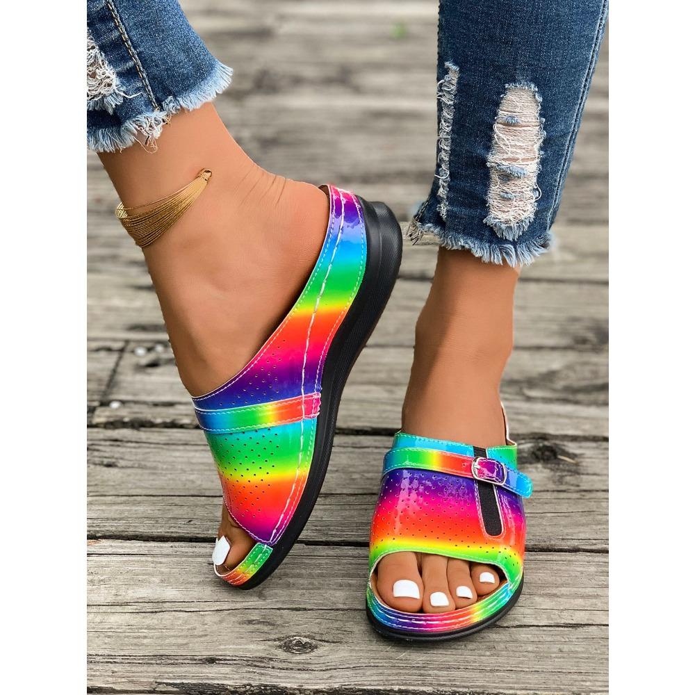 Übergröße Damen Metall Schnalle Eine Riemen Keilabsatz Sandalen, Sommer Dicke Plateau Peep Toe Erhöhte Freizeit Schuhe