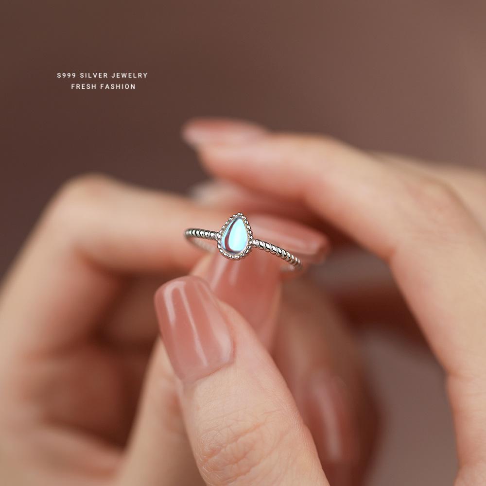 

Korean 999 Sterling Silver Colorful Imitation Moonstone Water Droplet Opening Ring for Women Temperament Party Jewelry Gift