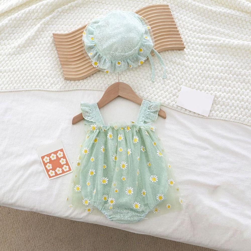 Mesh Flower Baby Princess Dress with Hat Loose Toddle Jumpsuits Baby Climbing Suit  Birthday Gift