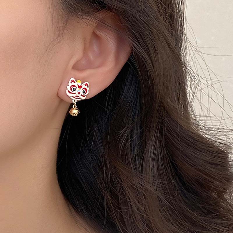 Chinese Style 2024 Red Little Lion Bell Pendant Earrings for Women Cute Dragon Earrings New Year Festive Jewelry Gifts
