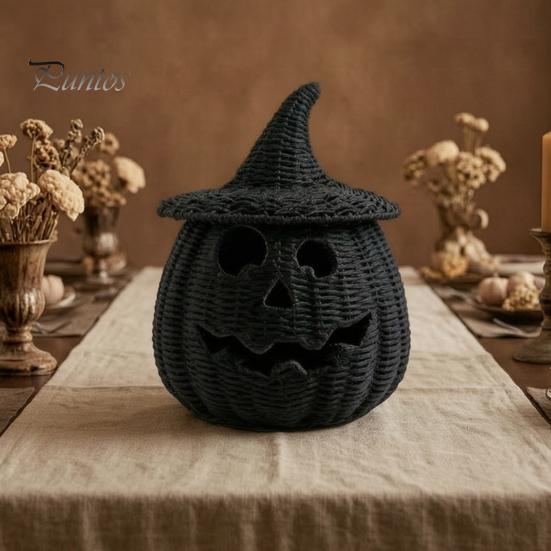 Black Braided Halloween Prop Handwoven Pumpkin Basket with Witch Hat Lid, Rustic Wicker Trick Fall Housewarming Gifts or Treat Bucket for Indoor