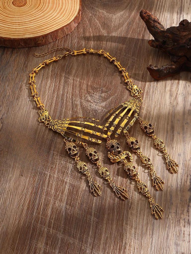 New Halloween Jewelry Gothic Punk Vintage Metal Ghost Hand Skull Necklace and Earring Set for Women Party Accessories